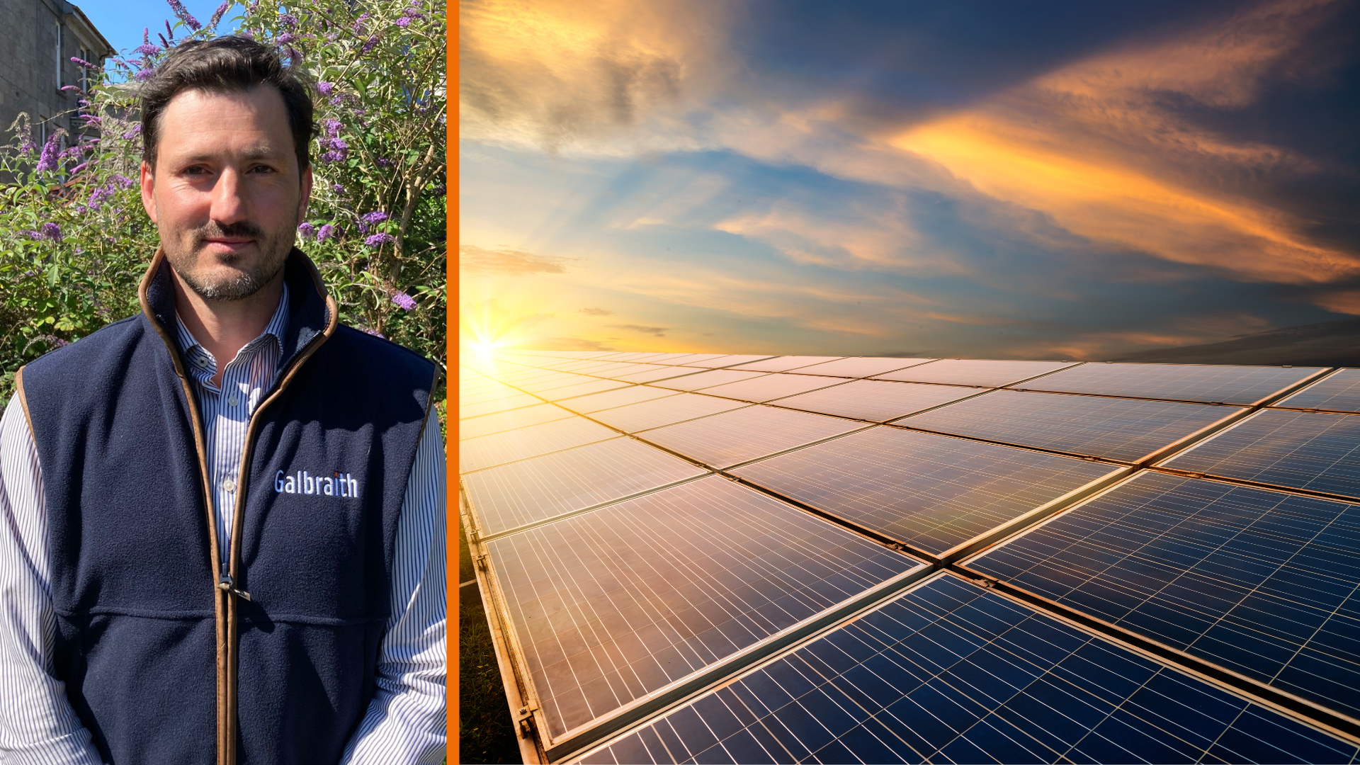 On the left: A head shot of Larry Irwin. On the right: A stock image of a solar farm.